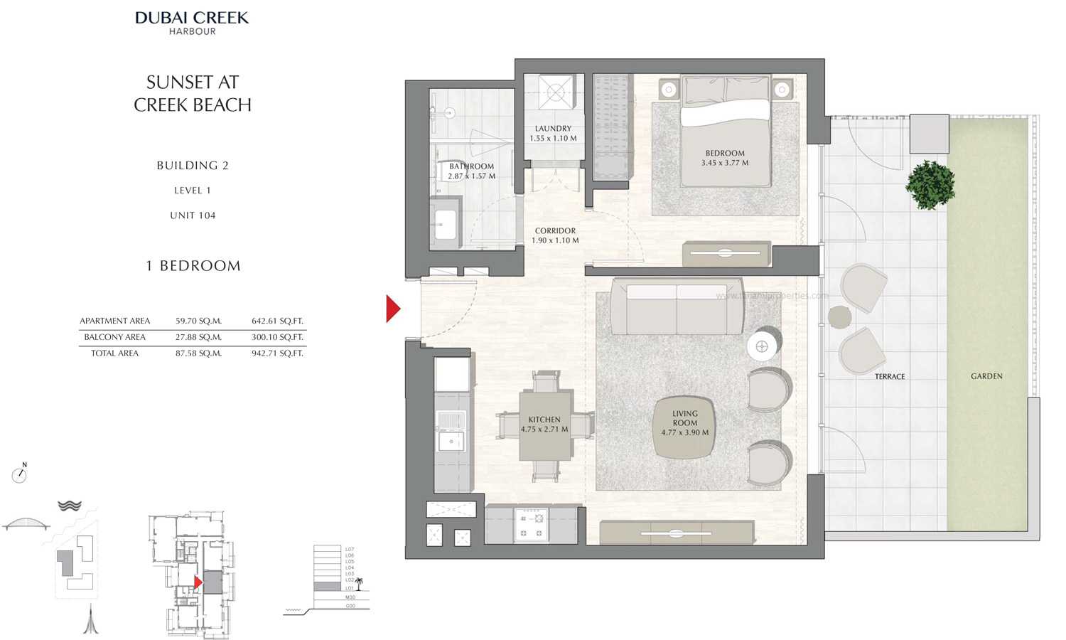 Building 2 - 1 Bedroom Level 1 Unit 104, Size 942.71 sq ft